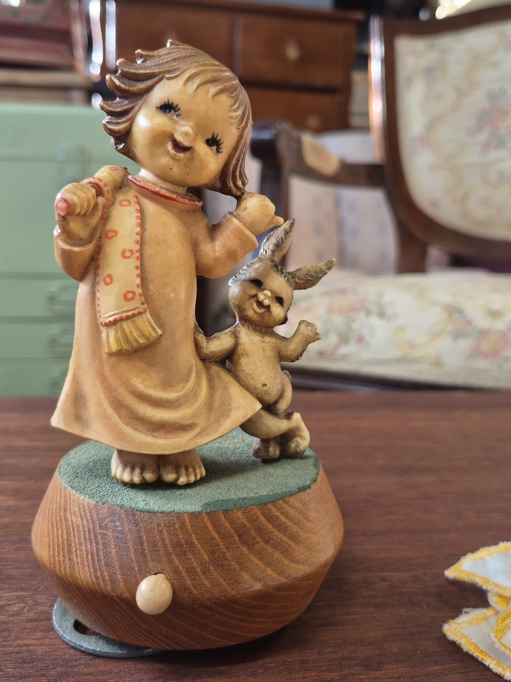 Ivory and Tan Girl with Bunny Decorative Figurine Music Box Vintage